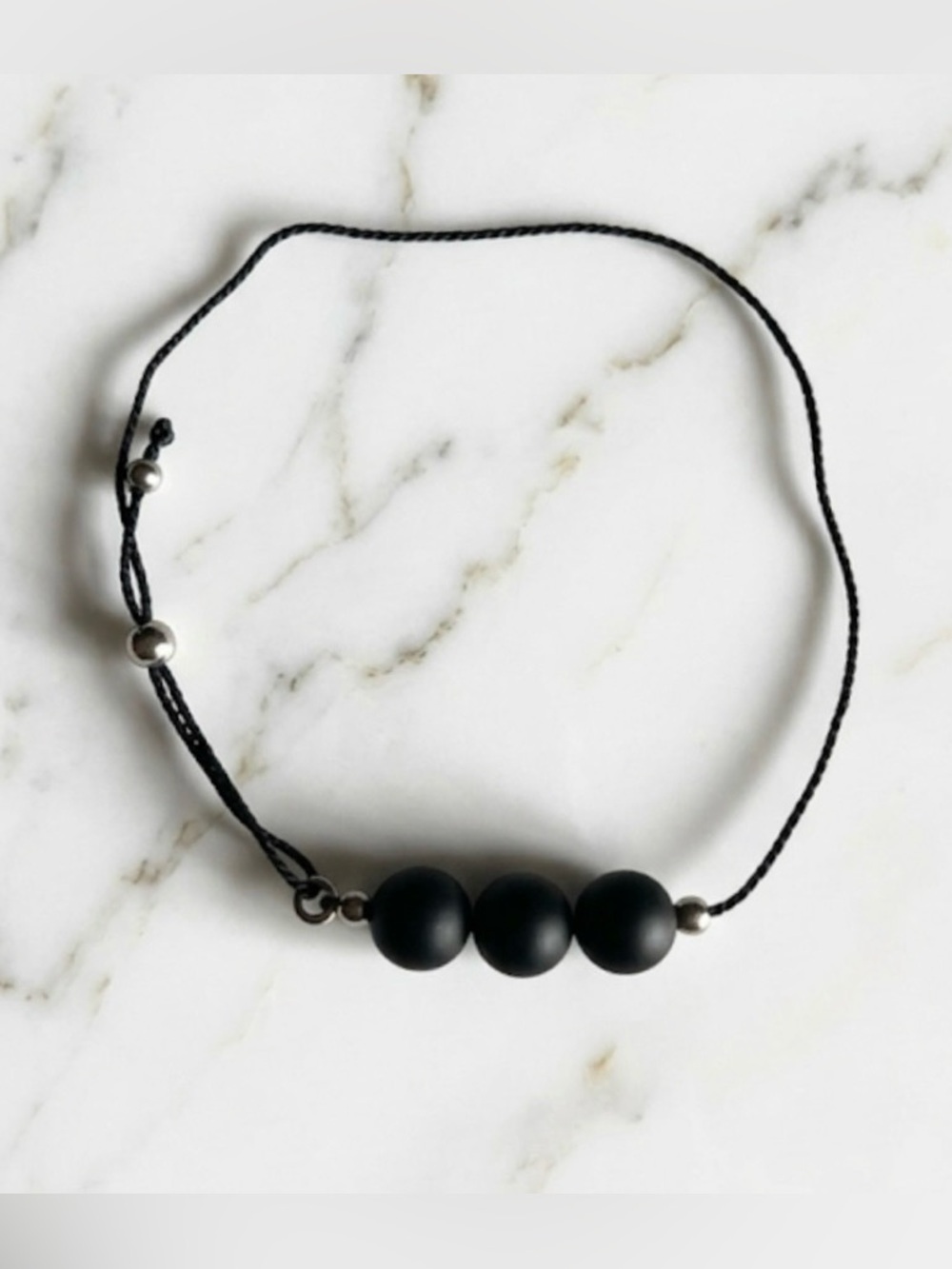 Matte Black Beaded Bolero Bracelet Minimalist Unisex Silver Tone Adjustable - Picture 2 of 4